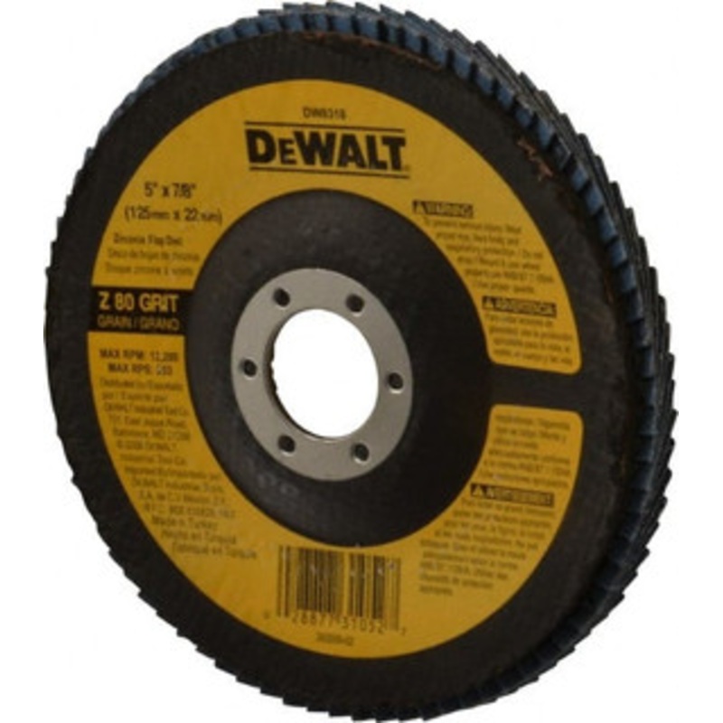 DeWALT 5 80 Grit 7/8 Center Hole Type 29 Zirconia Alumina Flap Disc Medium Grade, Coated, Arbor Attachment, Fiberglass Backing, 12,200 RPM DW8318 – 73201345