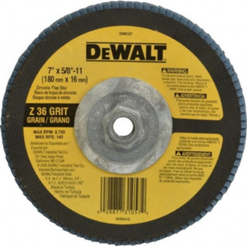 DeWALT 7 36 Grit 5/8-11 Center Hole Type 29 Zirconia Alumina Flap Disc Very Coarse Grade, Coated, Arbor Attachment, Fiberglass Backing, 8,700 RPM DW8327 – 73201394