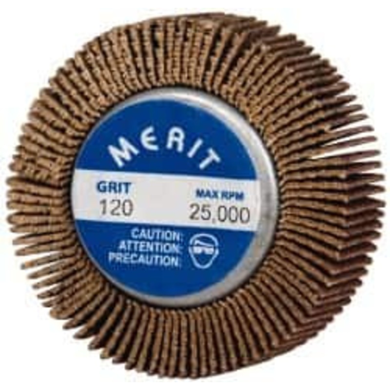 Merit Abrasives 1-5/8 Diam x 1/2 Face Width, Fine Ceramic Alumina Coated Mounted Flap Wheel 1/4-20 Threaded Mount, 120 Grit, Cloth Backing, 25,000 Max RPM 08834132010 – 00542720