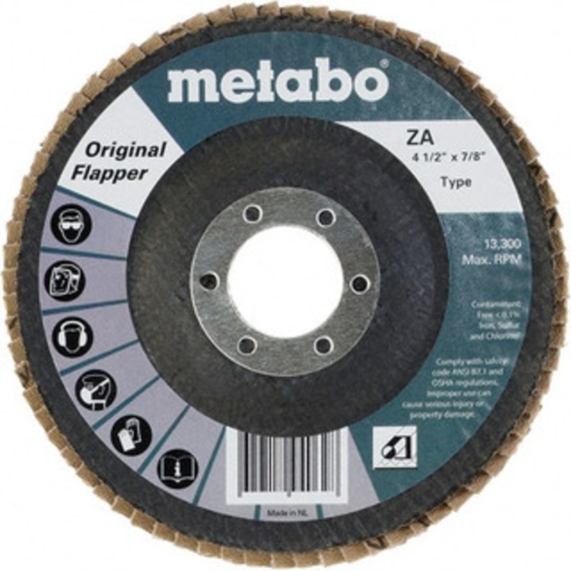 Metabo 4-1/2 120 Grit 7/8 Center Hole Type 29 Zirconia Alumina Flap Disc Fine Grade, Coated, Arbor Attachment, Fiberglass Backing, 13,300 RPM 623178000 – 47730726