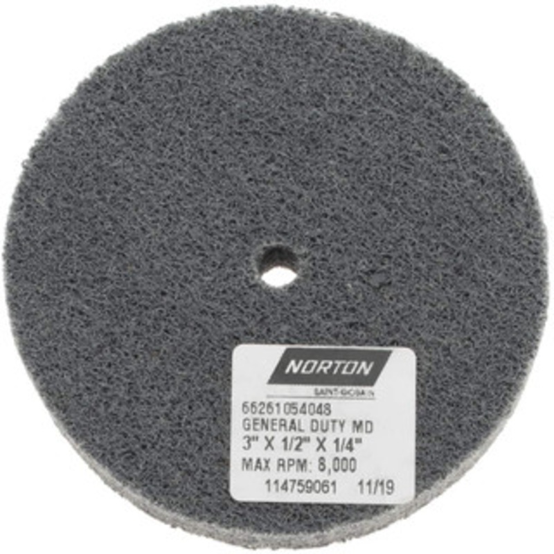 Norton 3 Diam, 1/2 Face Width, 1/4 Center Hole, Fine Grade, Silicon Carbide Deburring Wheel Unitized, Medium Density 4 Grade, 8,000 RPM 66261054048 – 70500327