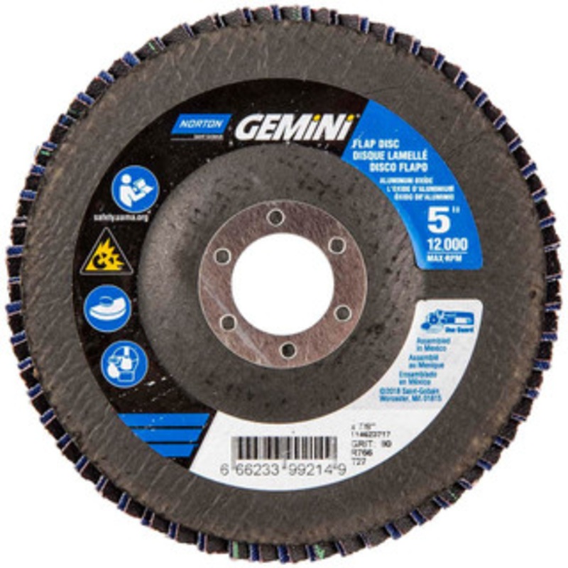 Norton 5 80 Grit 7/8 Center Hole Type 27 Ceramic Alumina Flap Disc Medium Grade, Coated, Arbor Attachment, Polyester Backing, 12,000 RPM 66623399214 – 56275258