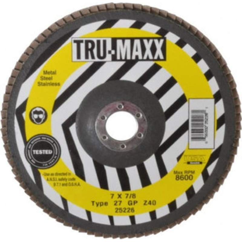 Tru-Maxx 7 40 Grit 7/8 Center Hole Type 27 Zirconia Alumina Flap Disc Coarse Grade, Coated, Arbor Attachment, 8,600 RPM 25226 – 86779287