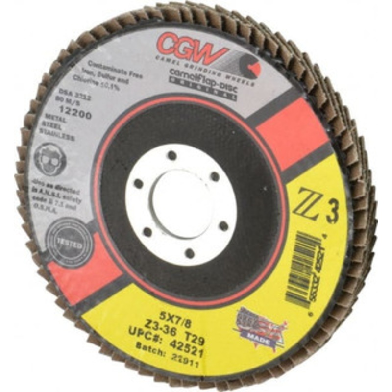 CGW Abrasives 5 36 Grit 7/8 Center Hole Type 29 Zirconia Alumina Flap Disc Very Coarse Grade, Coated, Arbor Attachment, Poly Cotton Backing, 12,200 RPM 42521 – 56437684