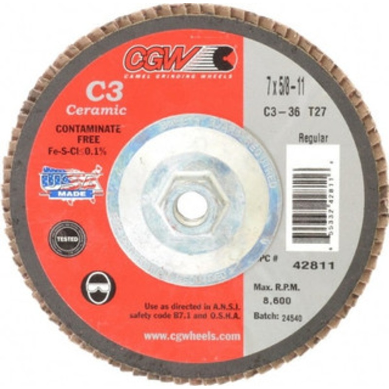 CGW Abrasives 7 36 Grit 5/8-11 Center Hole Type 27 Ceramic Flap Disc Very Coarse Grade, Coated, Arbor Attachment, Polyester Backing, 8,600 RPM 42811 – 63009955