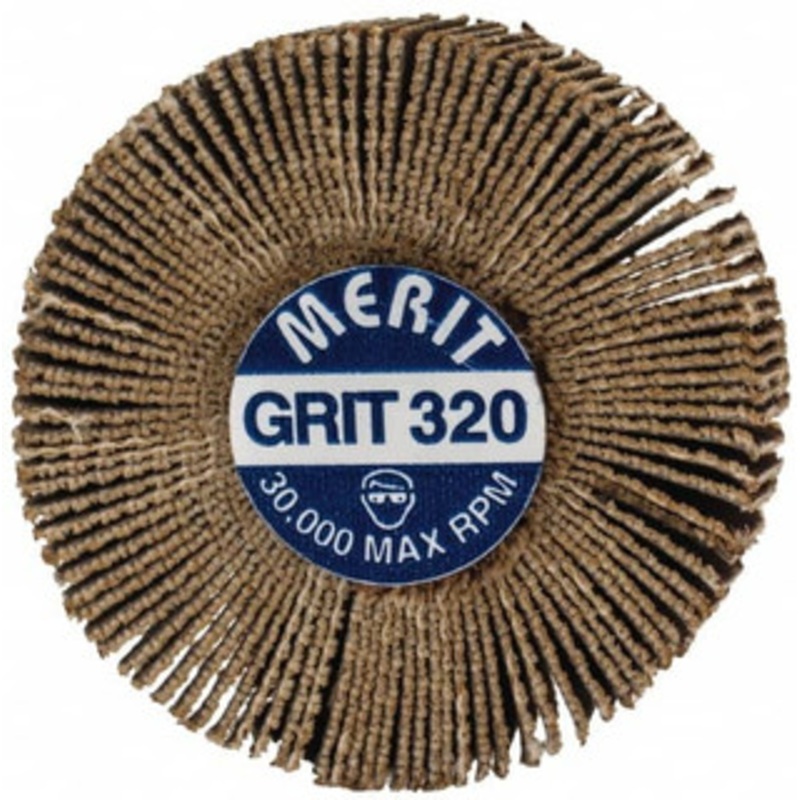 Merit Abrasives 1-3/16 Diam x 3/8 Face Width, Extra Fine Aluminum Oxide Coated Mounted Flap Wheel 1/8 Shank Mount, 320 Grit, Cloth Backing, 30,000 Max RPM 08834137515 – 84400746