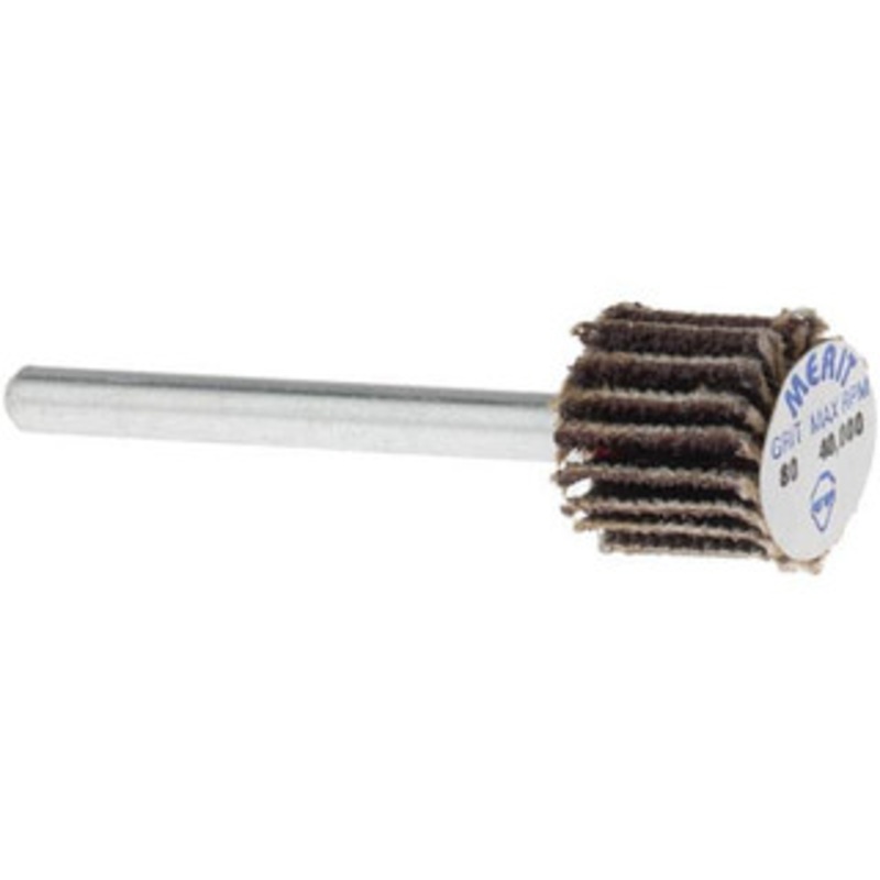 Merit Abrasives 3/8 Diam x 3/8 Face Width, Medium Aluminum Oxide Coated Mounted Flap Wheel 1/8 Shank Mount, 80 Grit, Cloth Backing, 40,000 Max RPM 08834137471 – 09608456