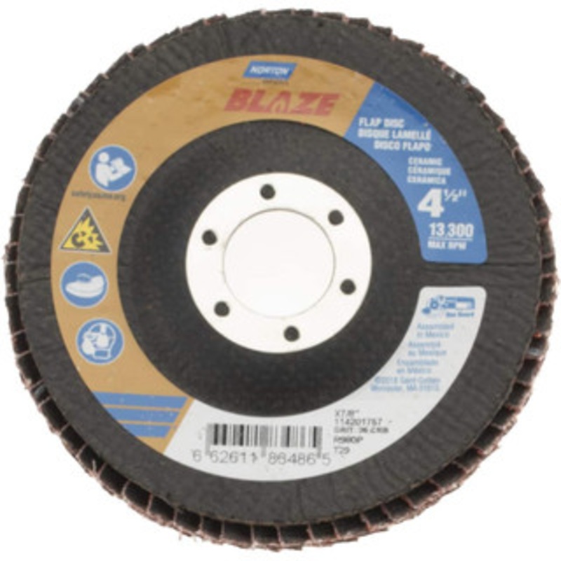 Norton 4-1/2 36 Grit 7/8 Center Hole Type 29 Ceramic Flap Disc Very Coarse Grade, Coated, Arbor Attachment, Fiberglass Backing, 13,000 RPM 66261183486 – 83833715