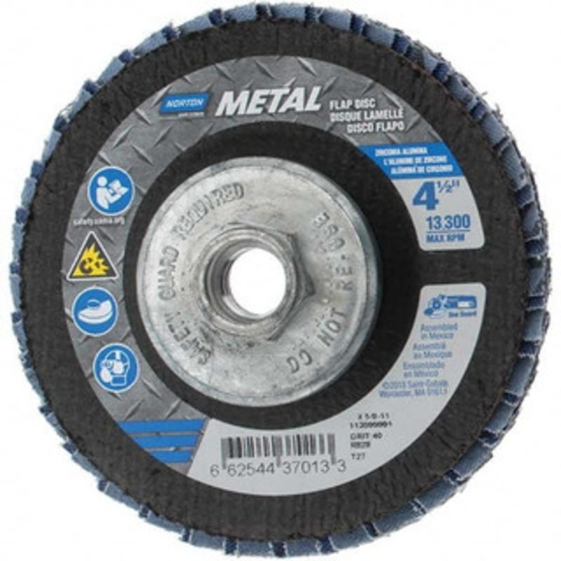 Norton 4-1/2 40 Grit 5/8-11 Center Hole Type 27 Zirconia Alumina Flap Disc Coarse Grade, Coated, Arbor Attachment, Fiberglass Backing, 13,300 RPM 66254437013 – 45451325
