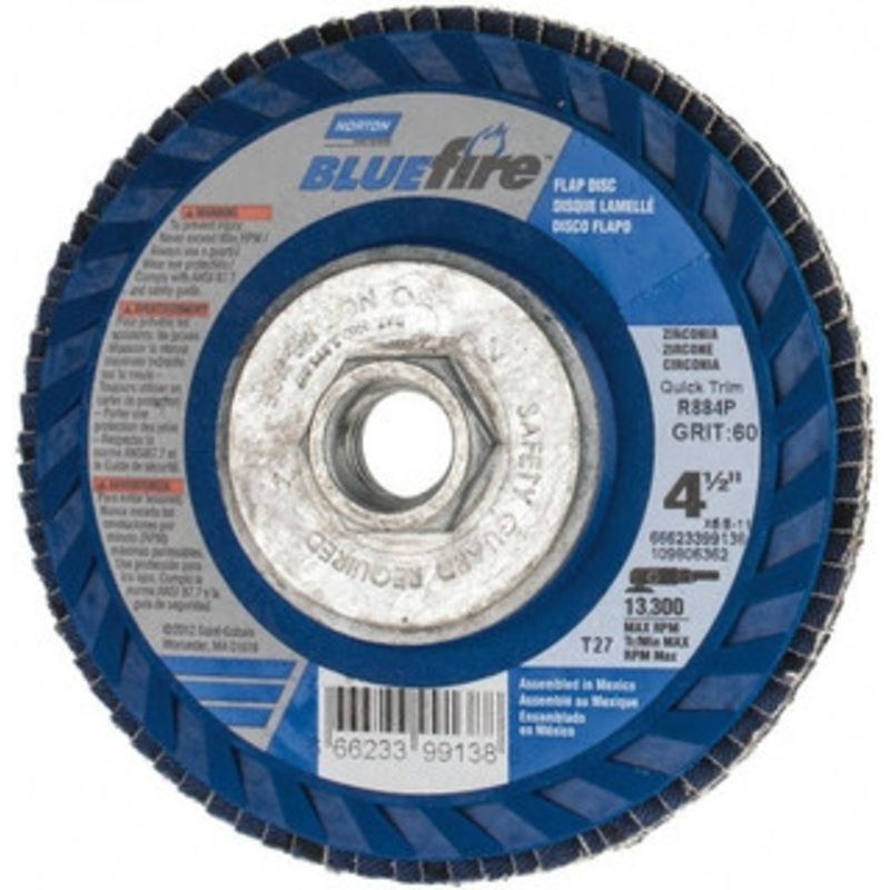 Norton 4-1/2 60 Grit 5/8-11 Center Hole Type 27 Zirconia Alumina Flap Disc Medium Grade, Coated, Arbor Attachment, Fiberglass Backing, 13,300 RPM 66623399138 – 82482860