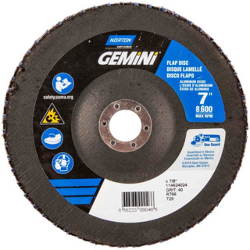 Norton 7 40 Grit 7/8 Center Hole Type 29 Ceramic Alumina Flap Disc Coarse Grade, Coated, Arbor Attachment, Polyester Backing, 8,600 RPM 66623399046 – 30189658