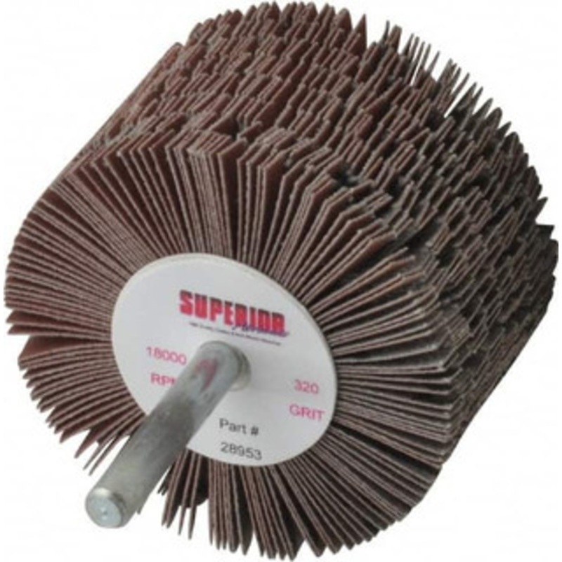 Superior Abrasives 2-1/2 Diam x 1-1/2 Face Width, Extra Fine Aluminum Oxide Coated Mounted Flap Wheel 1/4 Shank Mount, 320 Grit, J Weighted Cloth Backing, 9,000 Max RPM 28953 – 01923721