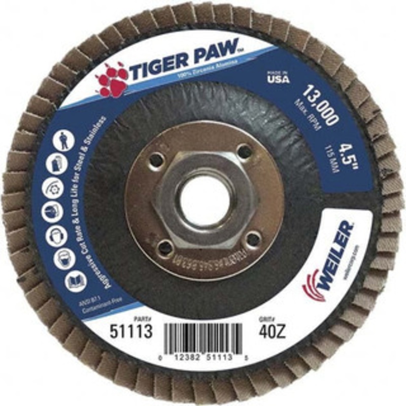 Weiler Abrasives 4-1/2 40 Grit 5/8-11 Center Hole Type 27 Zirconia Alumina Flap Disc Coarse Grade, Coated, Arbor Attachment, Phenolic Backing, 13,000 RPM 51113 – 61581427