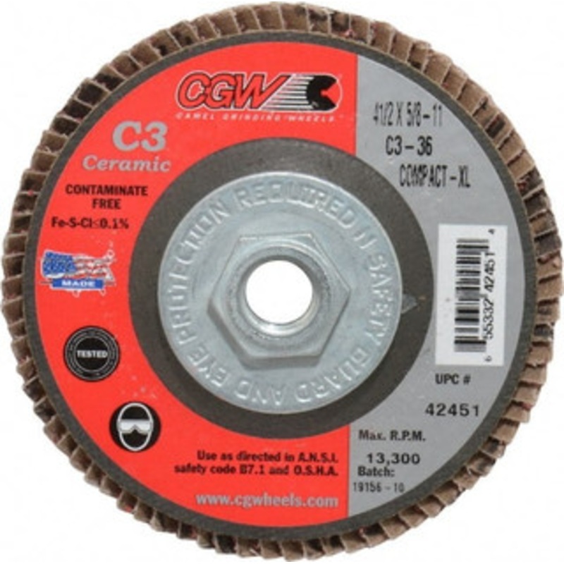 CGW Abrasives 4-1/2 36 Grit 5/8-11 Center Hole Ceramic Flap Disc Very Coarse Grade, Coated, Arbor Attachment, Polyester Backing, 13,300 RPM 42451 – 63009716