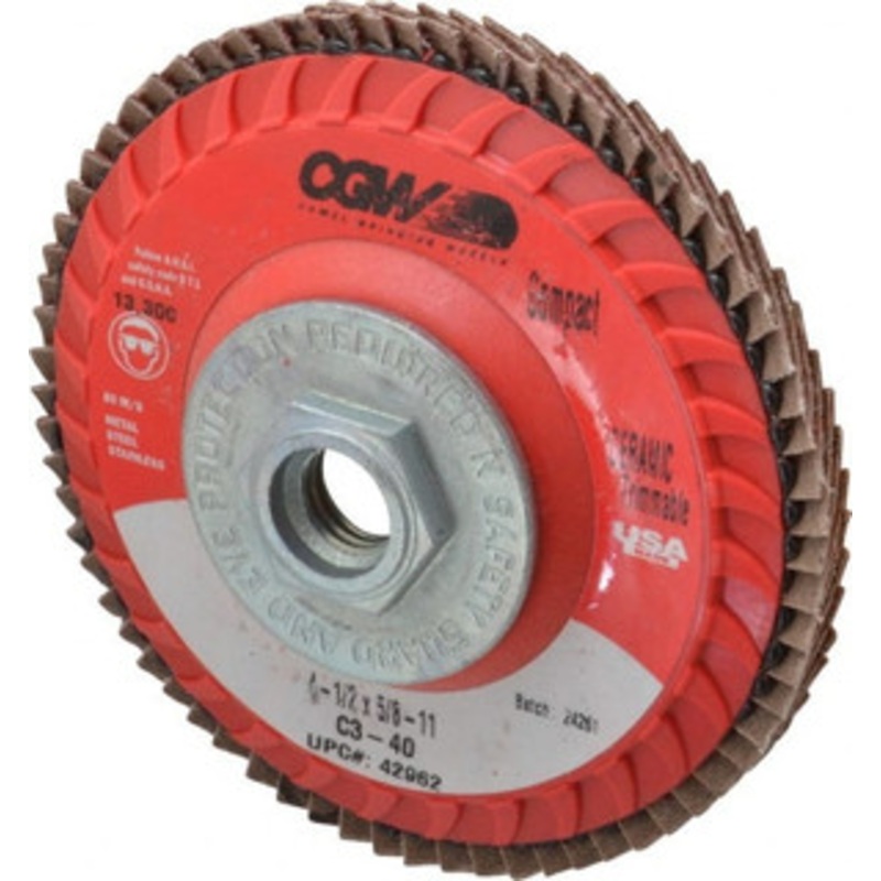 CGW Abrasives 4-1/2 40 Grit 5/8-11 Center Hole Type 27 Ceramic Flap Disc Medium Grade, Coated, Arbor Attachment, Polyester Backing, 13,300 RPM 42962 – 78916863