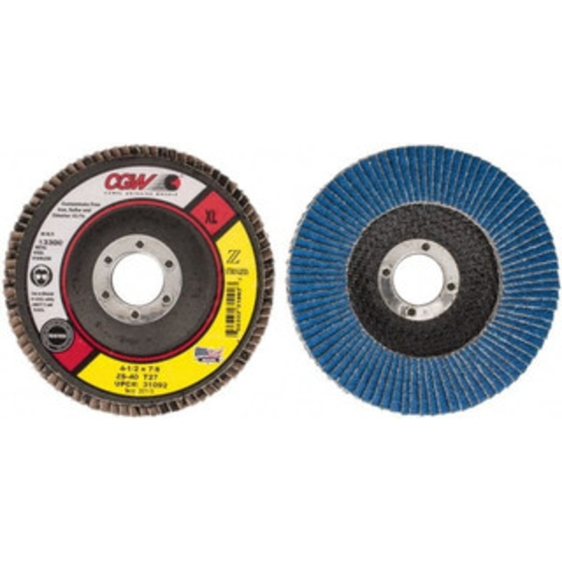 CGW Abrasives 4-1/2 40 Grit 7/8 Center Hole Type 27 Zirconia Alumina Flap Disc Coarse Grade, Coated, Arbor Attachment, Polyester Backing, 13,300 RPM 31092 – 56505704