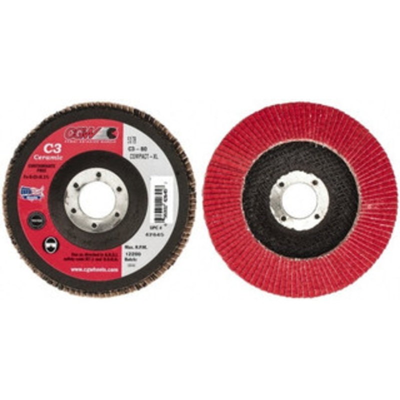 CGW Abrasives 5 80 Grit 7/8 Center Hole Ceramic Flap Disc Medium Grade, Coated, Arbor Attachment, Polyester Backing, 12,200 RPM 42645 – 63009864