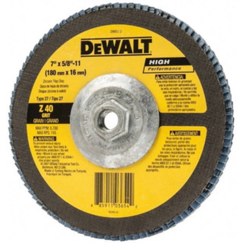 DeWALT 7 40 Grit 5/8-11 Center Hole Type 27 Zirconia Alumina Flap Disc Coarse Grade, Coated, Arbor Attachment, Fiberglass Backing, 8,700 RPM DW8376 – 70890454