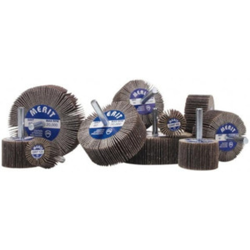 Merit Abrasives 1-1/2 Diam x 1 Face Width, Medium Aluminum Oxide Coated Mounted Flap Wheel 1/4 Shank Mount, 80 Grit, Cloth Backing, 30,000 Max RPM 08834130767 – 84400480