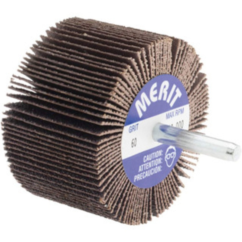 Merit Abrasives 2-1/2 Diam x 1-1/2 Face Width, Medium Ceramic Alumina Coated Mounted Flap Wheel 1/4 Shank Mount, 60 Grit, Cloth Backing, 20,000 Max RPM 08834137420 – 72373384