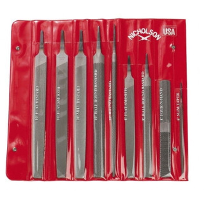 Nicholson 9 Piece American Pattern File Set 6, 8, 10 Long, Bastard/Smooth Coarseness, Set Includes Flat, Half Round, Mill, Round, Slim Taper 22030HNNN – 60304896