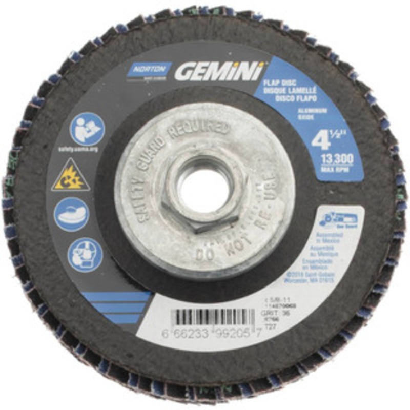 Norton 4-1/2 36 Grit 5/8-11 Center Hole Type 27 Ceramic Alumina Flap Disc Very Coarse Grade, Coated, Arbor Attachment, Polyester Backing, 13,300 RPM 66623399205 – 56275324