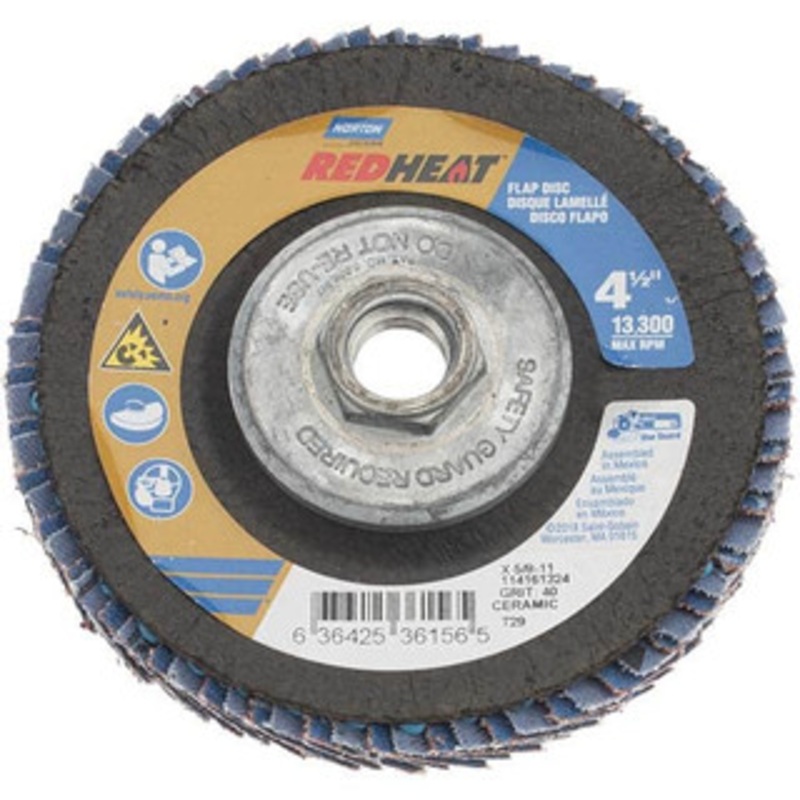 Norton 4-1/2 40 Grit 5/8-11 Center Hole Type 29 Ceramic Flap Disc Coarse Grade, Coated, Arbor Attachment, Fiberglass Backing, 13,000 RPM 63642536156 – 09258278