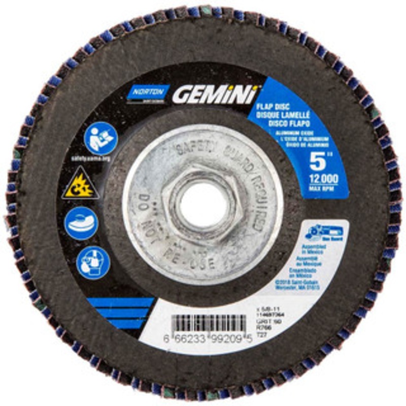 Norton 5 60 Grit 5/8-11 Center Hole Type 27 Ceramic Alumina Flap Disc Medium Grade, Coated, Arbor Attachment, Polyester Backing, 12,000 RPM 66623399209 – 56275290