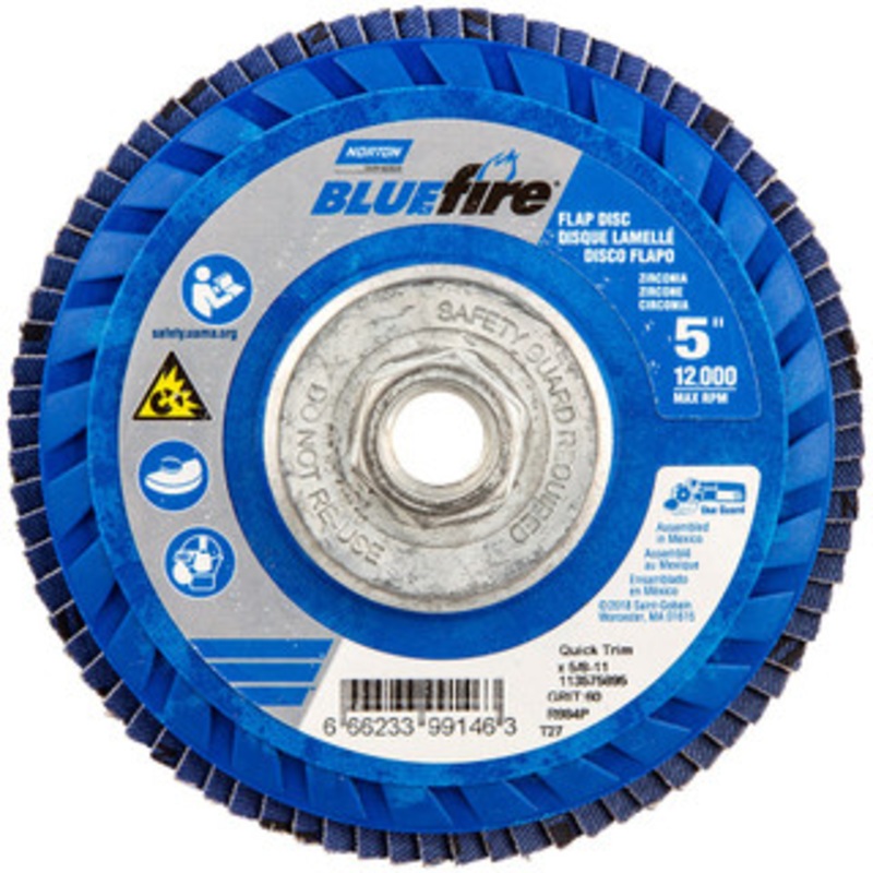 Norton 5 60 Grit 5/8-11 Center Hole Type 27 Zirconia Alumina Flap Disc Medium Grade, Coated, Arbor Attachment, Plastic Backing, 12,000 RPM 66623399146 – 36044329