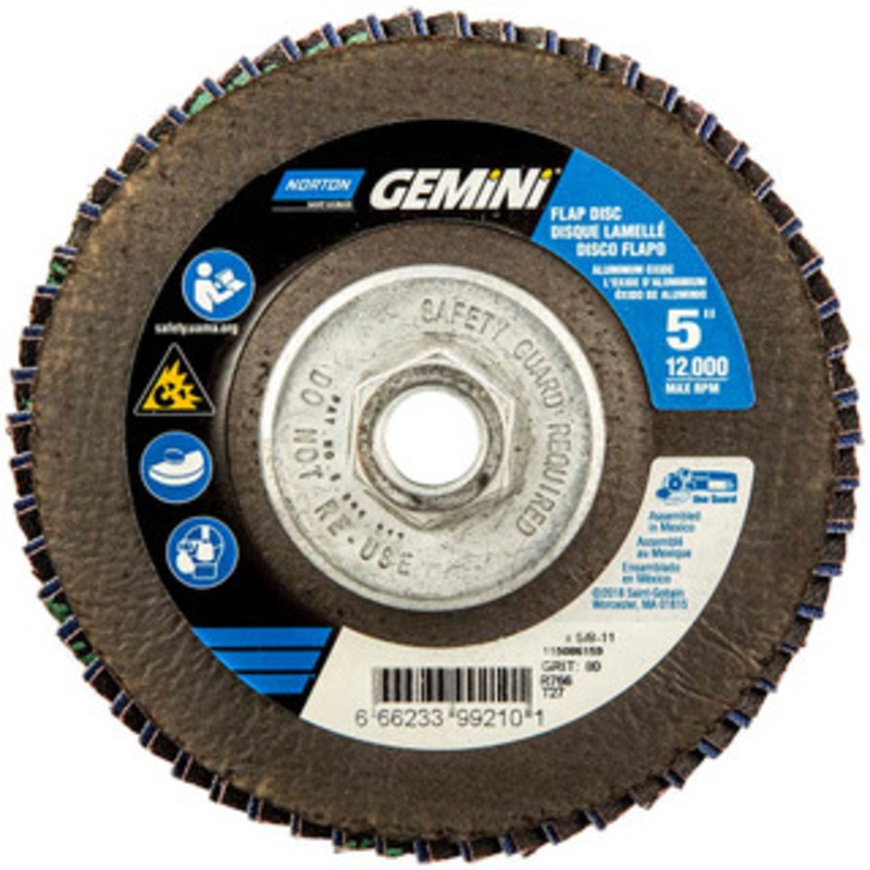 Norton 5 80 Grit 5/8-11 Center Hole Type 27 Ceramic Alumina Flap Disc Medium Grade, Coated, Arbor Attachment, Polyester Backing, 12,000 RPM 66623399210 – 56275845