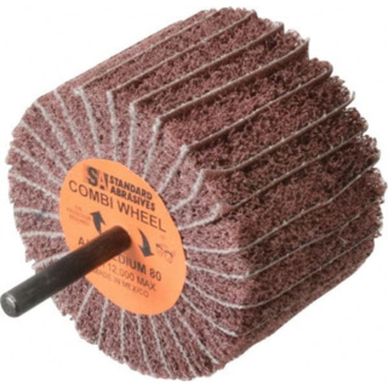 Standard Abrasives 3 Diam x 2 Face Width, Medium Aluminum Oxide Coated Mounted Flap Wheel 1/4 Shank Mount, 80 Grit, 12,000 Max RPM 7000122225 – 68011857