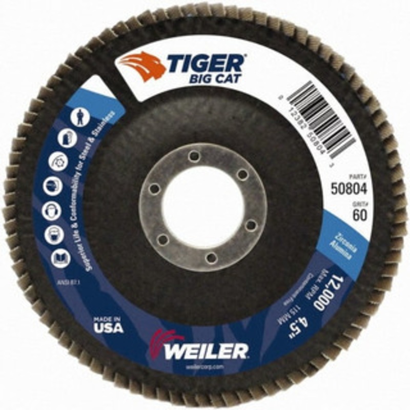Weiler Abrasives 4-1/2 40 Grit 7/8 Center Hole Type 27 Aluminum Oxide Flap Disc Coarse Grade, Coated, Arbor Attachment, Phenolic Backing, 12,000 RPM 96256 – 00094821