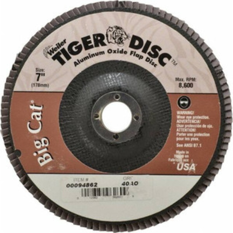 Weiler Abrasives 7 40 Grit 7/8 Center Hole Type 27 Aluminum Oxide Flap Disc Coarse Grade, Coated, Arbor Attachment, Phenolic Backing, 8,600 RPM 96260 – 00094862