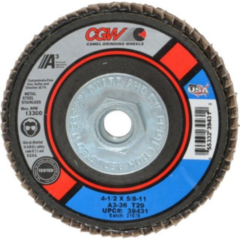 CGW Abrasives 4-1/2 36 Grit 5/8-11 Center Hole Type 29 Aluminum Oxide Flap Disc Very Coarse Grade, Coated, Arbor Attachment, Polyester Backing, 13,300 RPM 39431 – 02555282