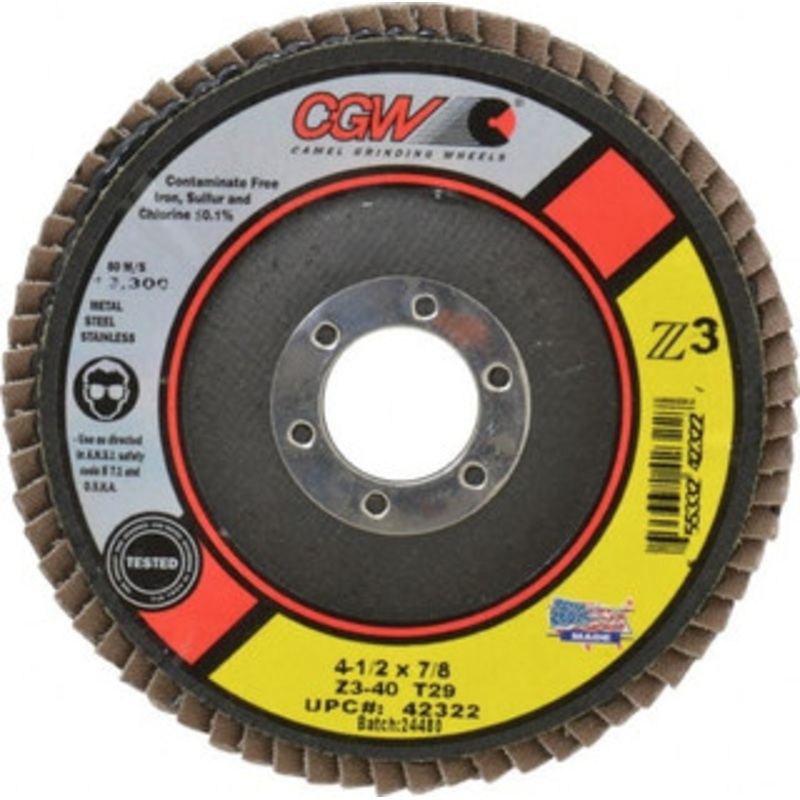 CGW Abrasives 4-1/2 40 Grit 7/8 Center Hole Type 29 Zirconia Alumina Flap Disc Coarse Grade, Coated, Arbor Attachment, Poly Cotton Backing, 13,300 RPM 42322 – 56437858