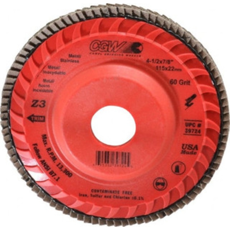 CGW Abrasives 4-1/2 60 Grit 7/8 Center Hole Type 27 Zirconia Alumina Flap Disc Medium Grade, Coated, Arbor Attachment, Poly Cotton Backing, 13,300 RPM 39724 – 78916939