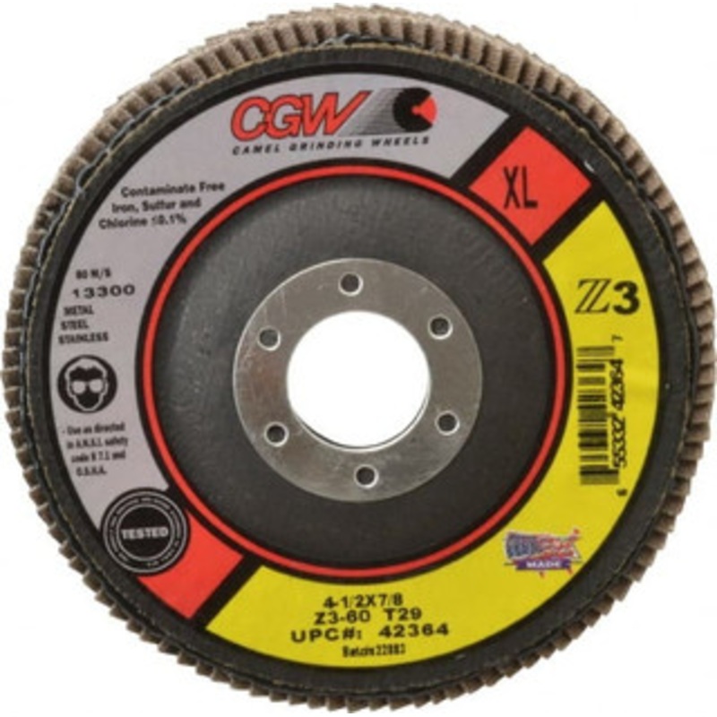 CGW Abrasives 4-1/2 60 Grit 7/8 Center Hole Type 29 Zirconia Alumina Flap Disc Medium Grade, Coated, Arbor Attachment, Poly Cotton Backing, 13,300 RPM 42364 – 98067796