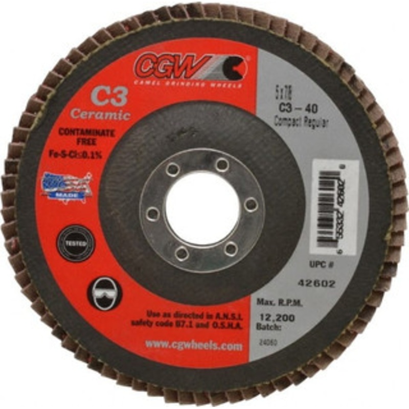 CGW Abrasives 5 40 Grit 7/8 Center Hole Ceramic Flap Disc Coarse Grade, Coated, Arbor Attachment, Polyester Backing, 12,200 RPM 42602 – 63009765
