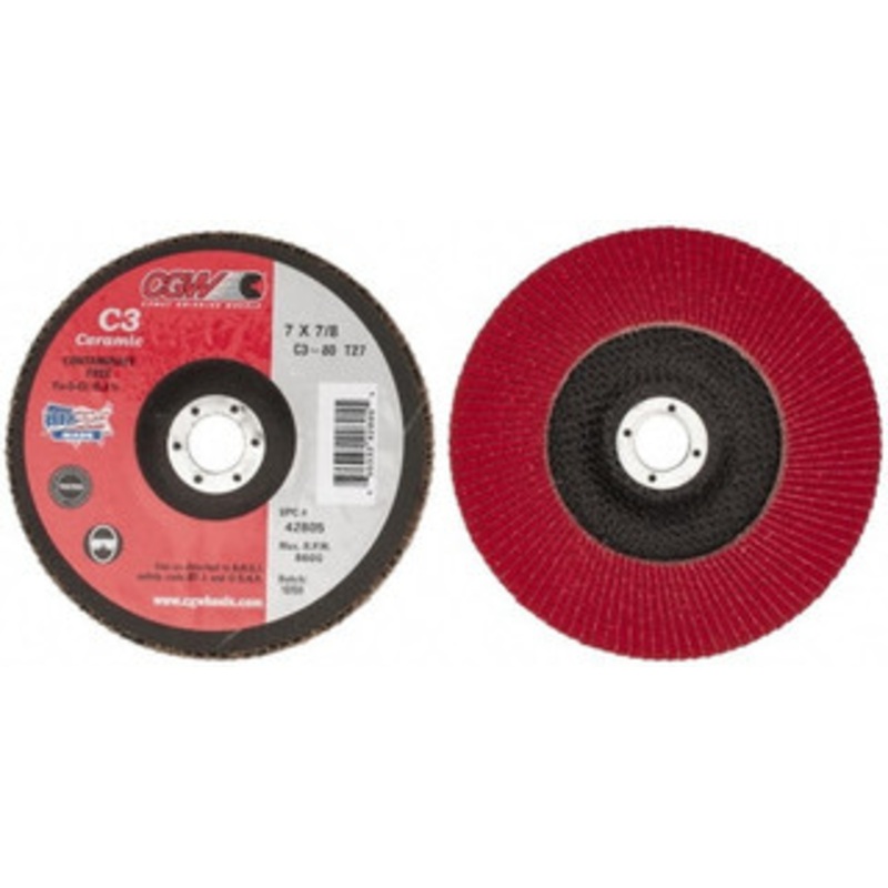 CGW Abrasives 7 80 Grit 7/8 Center Hole Type 27 Ceramic Flap Disc Medium Grade, Coated, Arbor Attachment, Polyester Backing, 8,600 RPM 42805 – 63009948