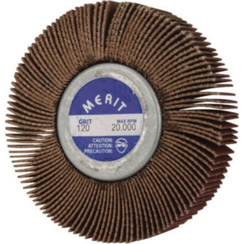 Merit Abrasives 2-1/2 Diam x 1/2 Face Width, Fine Aluminum Oxide Coated Mounted Flap Wheel 1/4-20 Threaded Mount, 120 Grit, Cloth Backing, 20,000 Max RPM 08834134017 – 72372329
