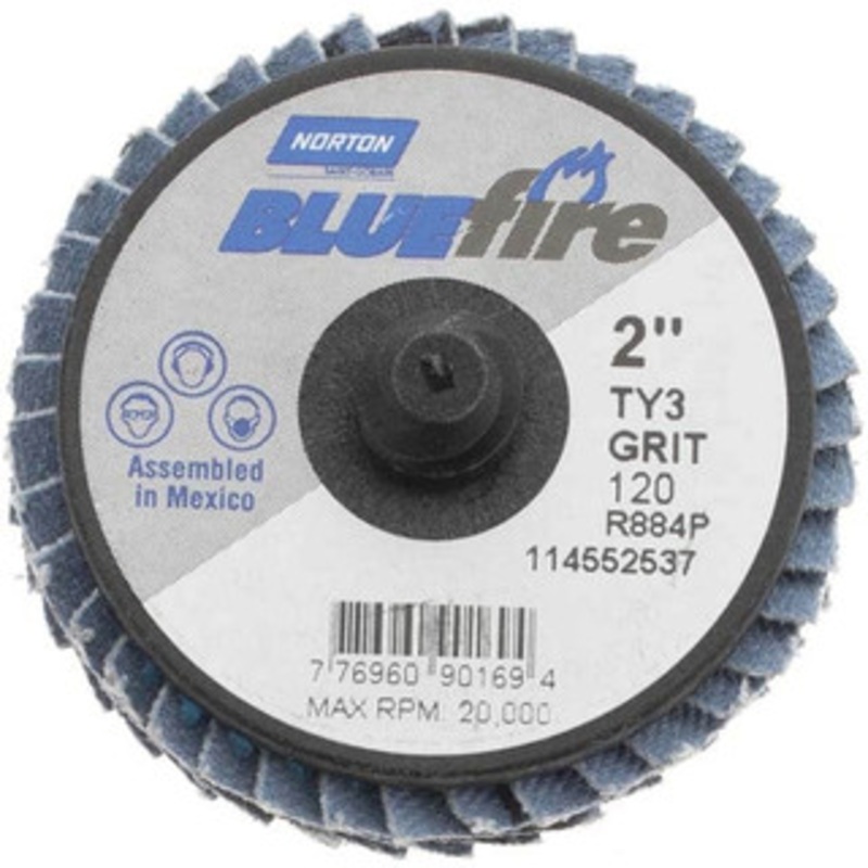Norton 2 120 Grit Type 27 Zirconia Alumina Flap Disc Fine Grade, Coated, Quick Change Type R Attachment, Fiberglass Backing, 30,000 RPM 77696090169 – 68540848