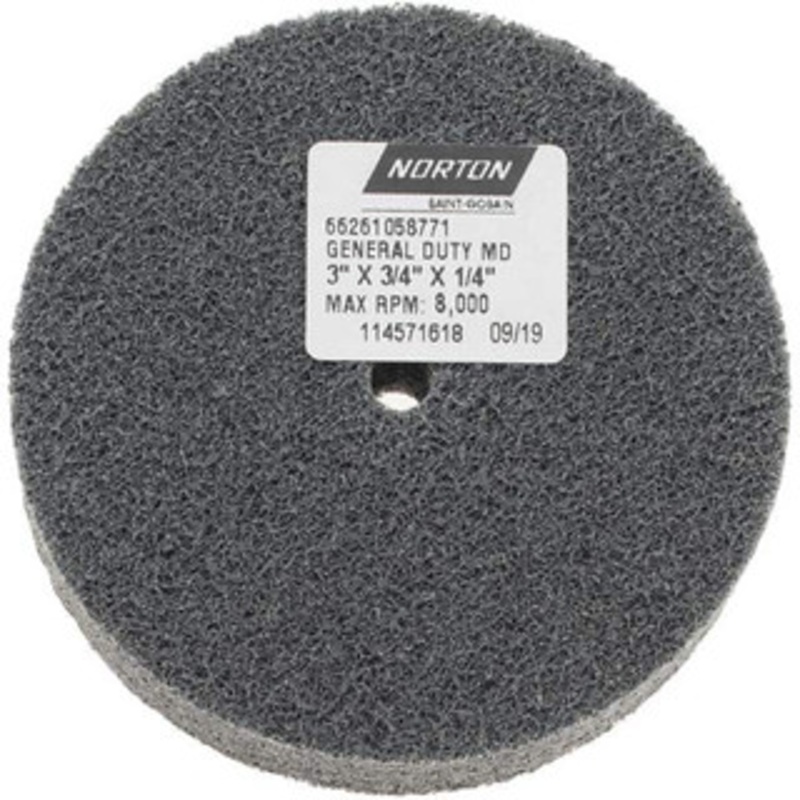 Norton 3 Diam, 3/4 Face Width, 1/4 Center Hole, Fine Grade, Silicon Carbide Deburring Wheel Unitized, Medium Density 4 Grade, 8,000 RPM 66261058771 – 70500426