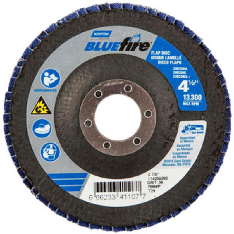 Norton 4-1/2 36 Grit 7/8 Center Hole Type 29 Zirconia Alumina Flap Disc Coarse Grade, Coated, Arbor Attachment, Plastic Backing, 13,300 RPM 66623341107 – 69000594