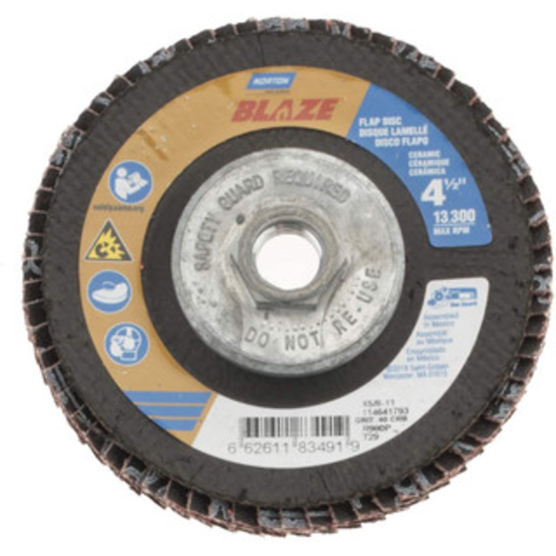 Norton 4-1/2 40 Grit 5/8-11 Center Hole Type 29 Ceramic Flap Disc Coarse Grade, Coated, Arbor Attachment, Fiberglass Backing, 13,000 RPM 66261183491 – 83834085