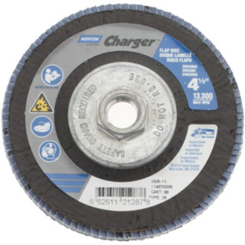 Norton 4-1/2 80 Grit 5/8-11 Center Hole Type 29 Zirconia Alumina Flap Disc Medium Grade, Coated, Arbor Attachment, Fiberglass Backing, 13,000 RPM 66261121287 – 94056488