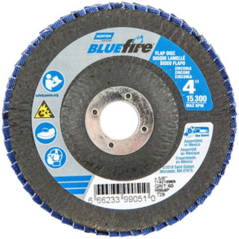 Norton 4 60 Grit 5/8 Center Hole Type 29 Zirconia Alumina Flap Disc Medium Grade, Coated, Arbor Attachment, Fiberglass Backing, 15,300 RPM 66623399051 – 41635962