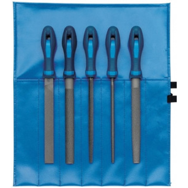 PFERD 5 Piece American Pattern File Set 10 Long, Bastard Coarseness, Ergonomic Handle, Set Includes Hand, Three Square, Square, Round, Tapered Half Round 16080 – 40712184