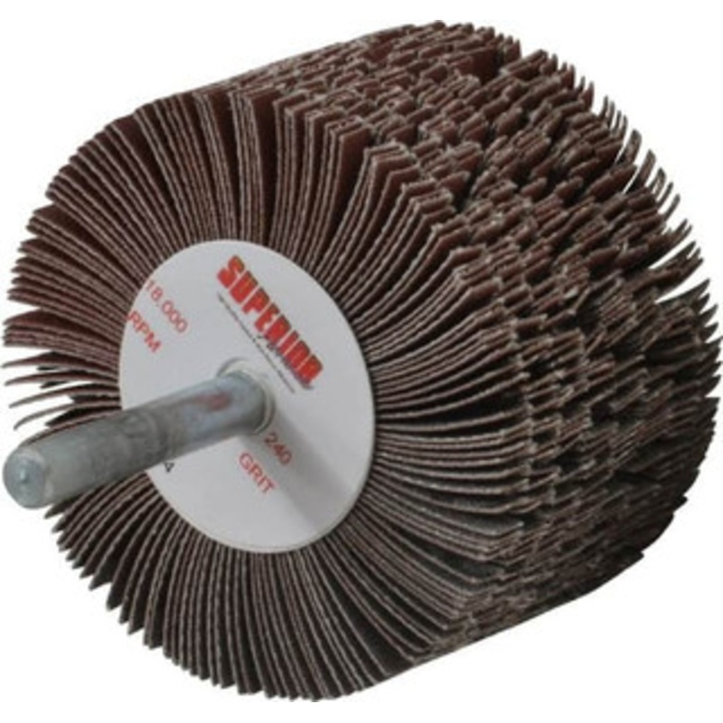 Superior Abrasives 2-1/2 Diam x 1-1/2 Face Width, Very Fine Aluminum Oxide Coated Mounted Flap Wheel 1/4 Shank Mount, 240 Grit, J Weighted Cloth Backing, 9,000 Max RPM 28974 – 01923713