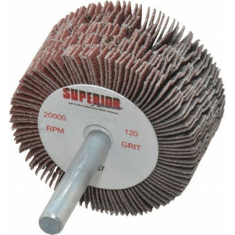Superior Abrasives 2 Diam x 1 Face Width, Fine Aluminum Oxide Coated Mounted Flap Wheel 1/4 Shank Mount, 120 Grit, J Weighted Cloth Backing, 14,000 Max RPM 28967 – 01923655