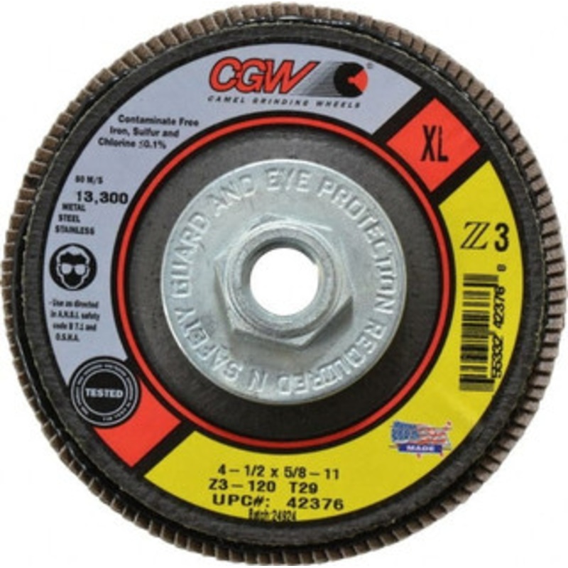CGW Abrasives 4-1/2 120 Grit 5/8-11 Center Hole Type 29 Zirconia Alumina Flap Disc Fine Grade, Coated, Arbor Attachment, Poly Cotton Backing, 13,300 RPM 42376 – 02555902